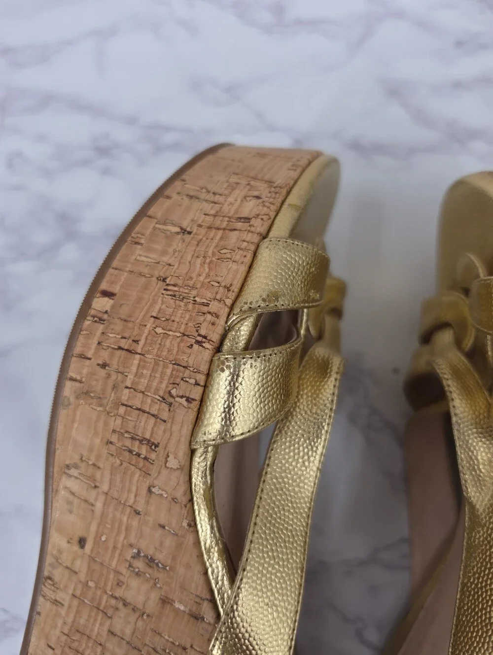 Stuart Weitzman Metallic Gold Leather Straps Cork Wedge Platform Sandals - Picture 11 of 15